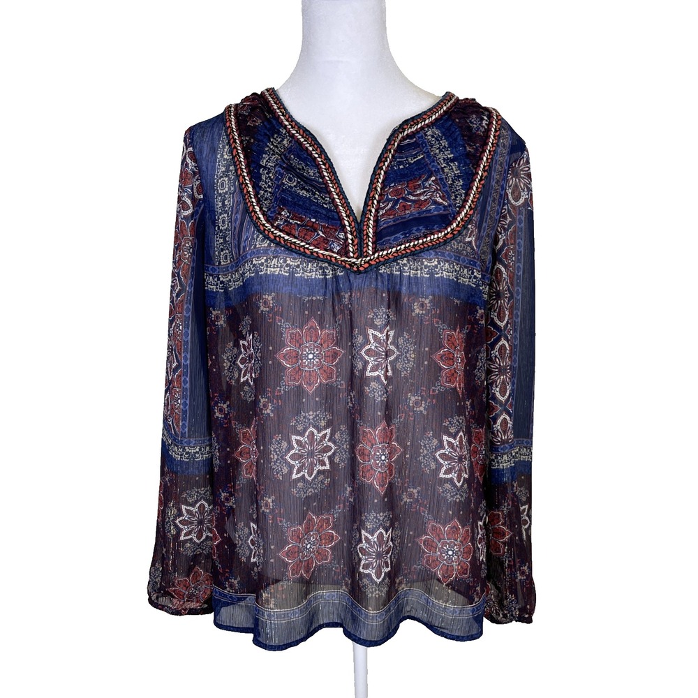 Women's Bohemian Blouse Size S Blue Floral Beaded Boho Cottage Core Flowy Sheer